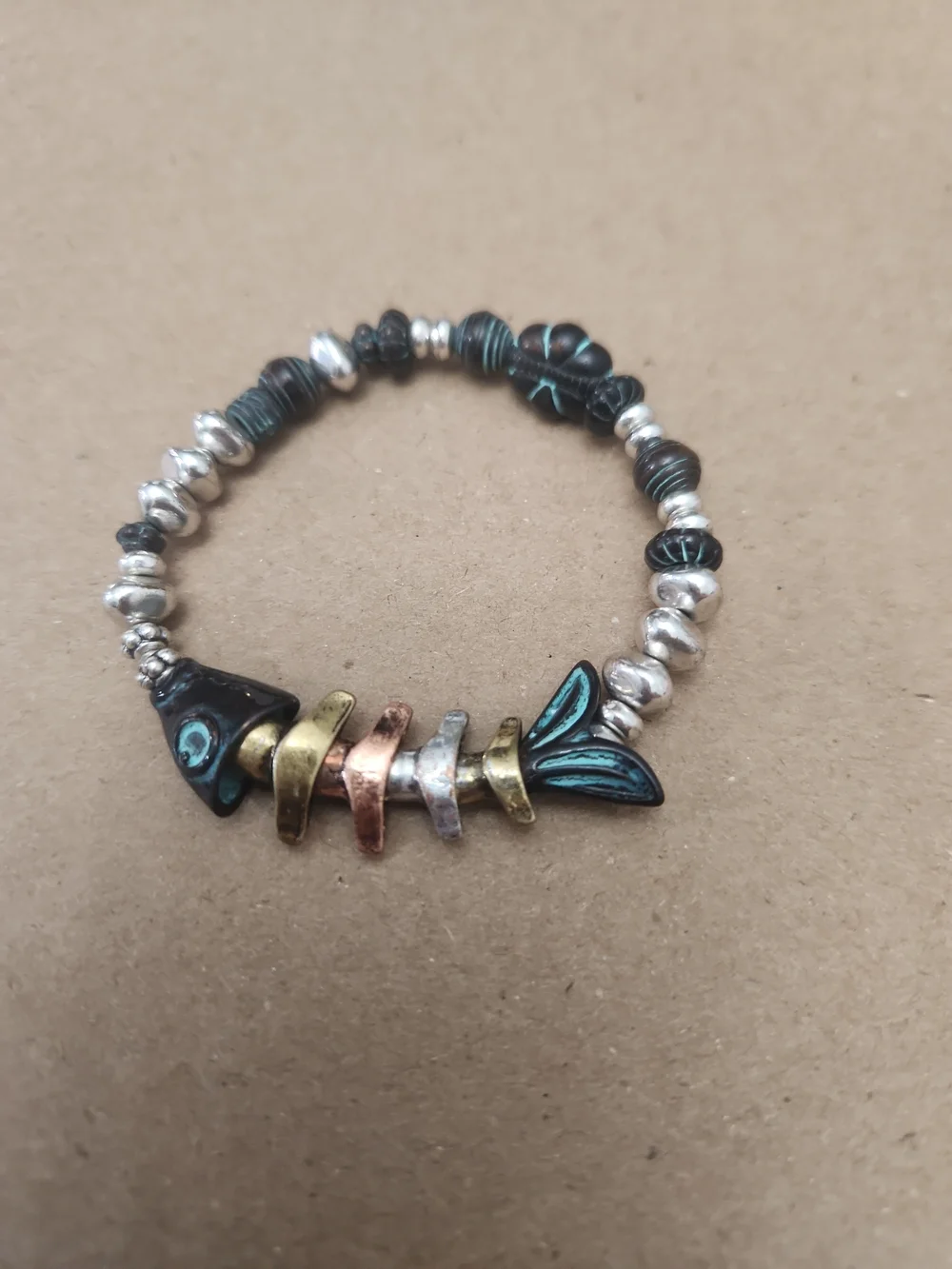 Boho Fish Pendant Stretch Bracelet in Turquoise and Silver